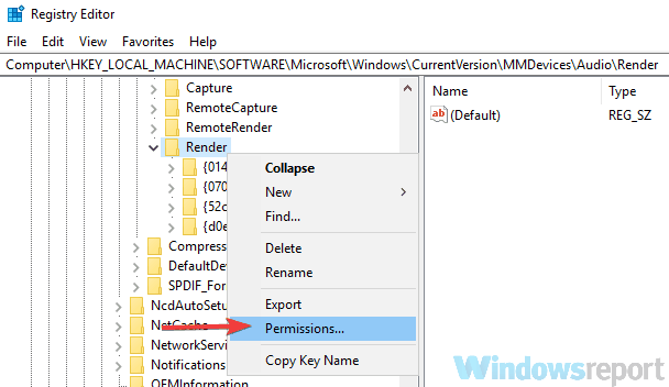 Open Permissions for Render key in Registry Editor