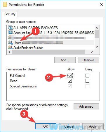 Set Full Control permissions for Users