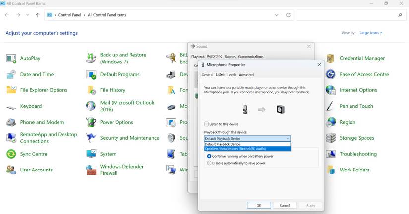 Unchecking the Box for Listen to this Device and Selecting the Speaker Option in the Listen Tab of Microphone Properties Window in Windows Sound Settings