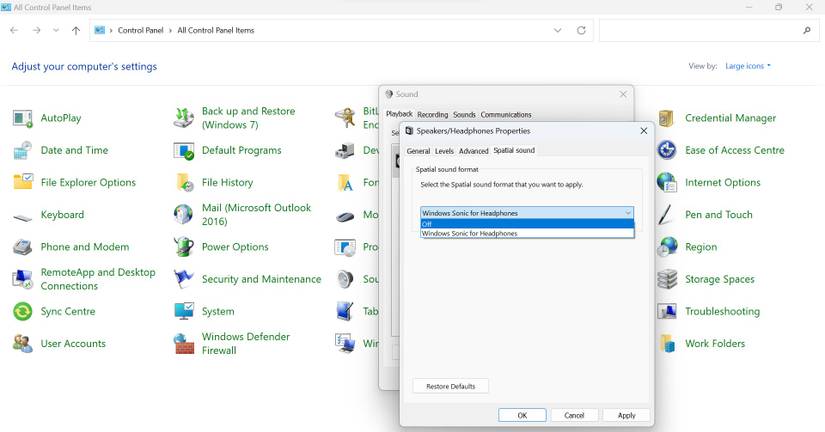 Changing the Spatial Sound Format by Switching it Off in Spatial Sound Tab of Speakers Properties Window