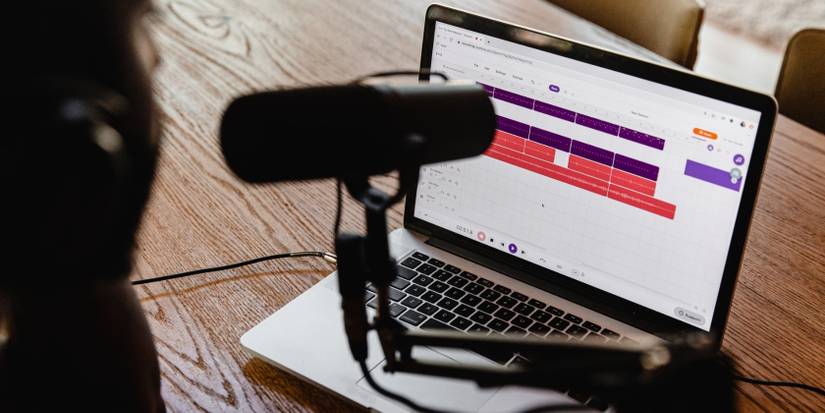 Microphone in front of Mac on audio editor