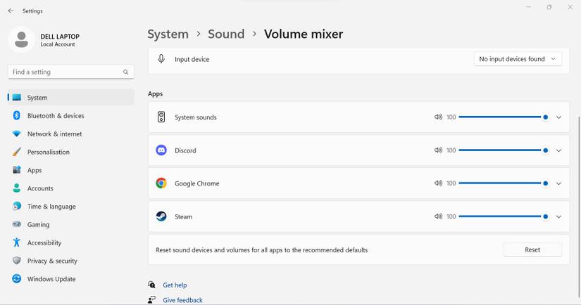 Resetting Audio Settings in the Volume Mixer Tab of Sound Settings in Windows Settings App