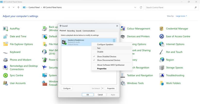 Testing the Speaker by Right-clicking on it in Playback Tab of Sound Window in Windows Sound Settings
