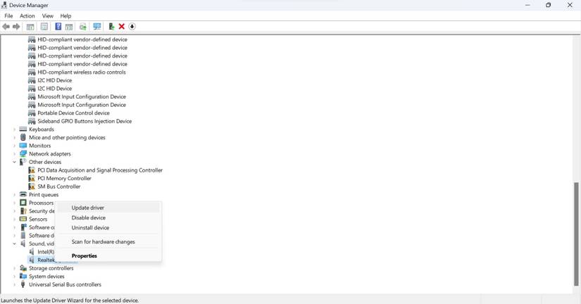 Updating the Relevant Driver from the Sound Video, and Game Controllers Dropdown in Windows Device Manager
