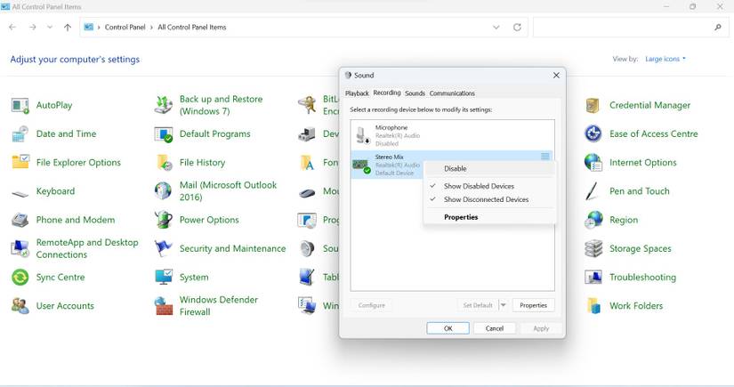 Disabling the Stereo Mix Option in the Recording Tab of Sound Window in Windows Sound Settings
