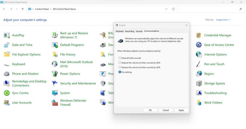 Checking the Circle for Do Nothing in the Communication Tab of Sound Window in Windows Sound Settings