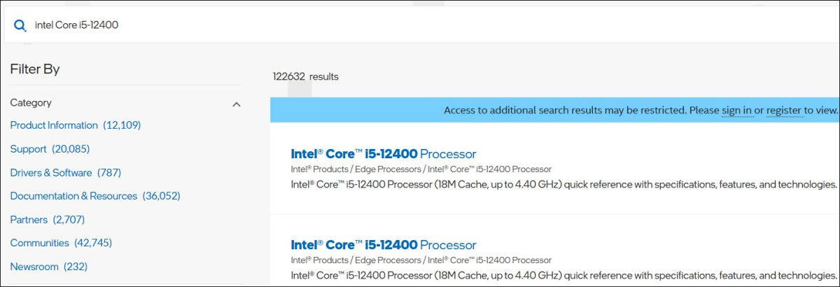 Intel processor specification page showing model search