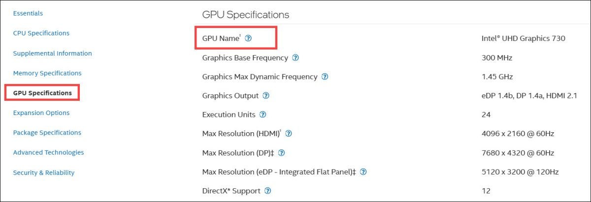 Intel processor integrated graphics specifications section