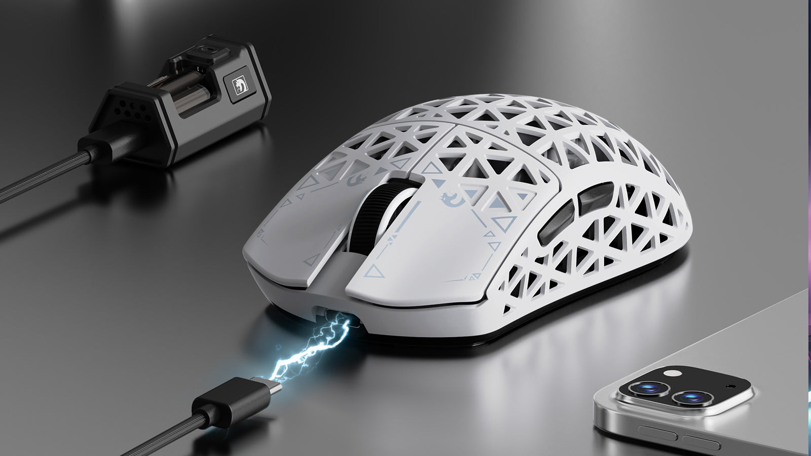 Wireless gaming mouse being charged near a smartphone