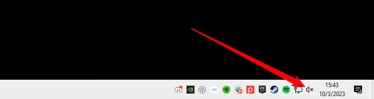 Windows taskbar showing muted speaker icon with X mark