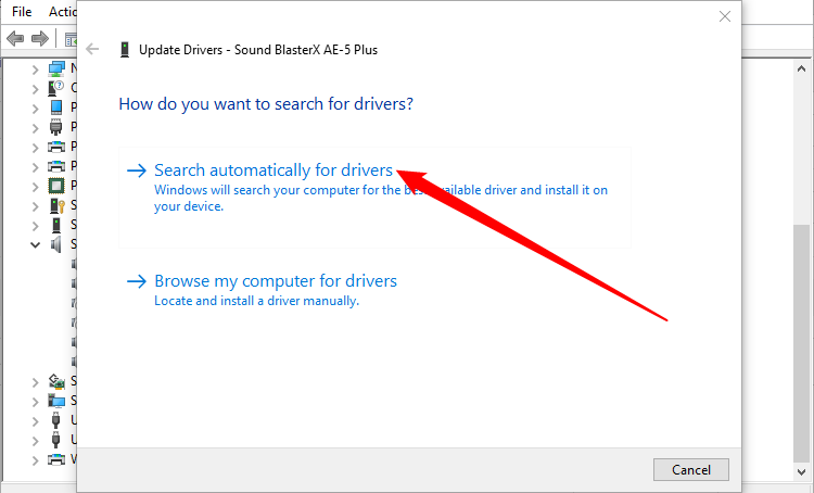 Search automatically for updated driver software option