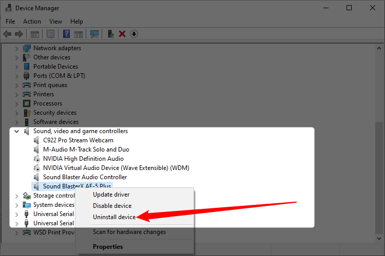 Uninstalling audio device from Device Manager