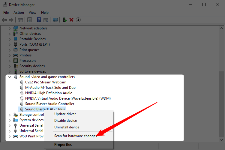 Scanning for hardware changes in Device Manager