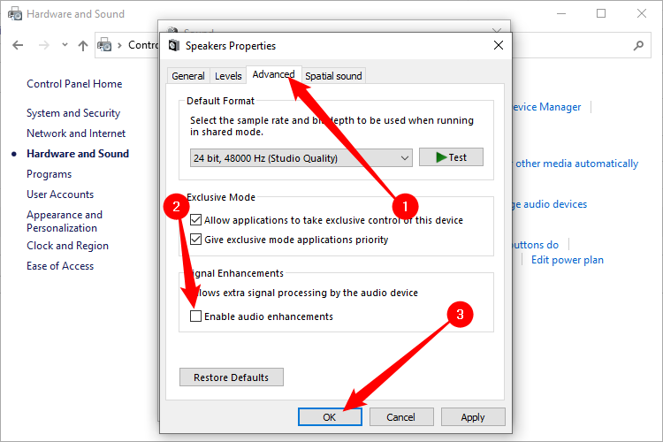 Disabling audio enhancements in speaker properties