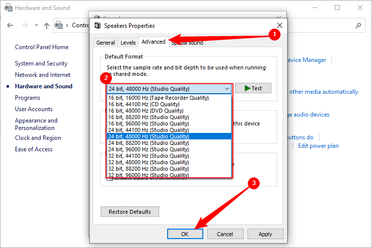 Changing default audio format in advanced properties