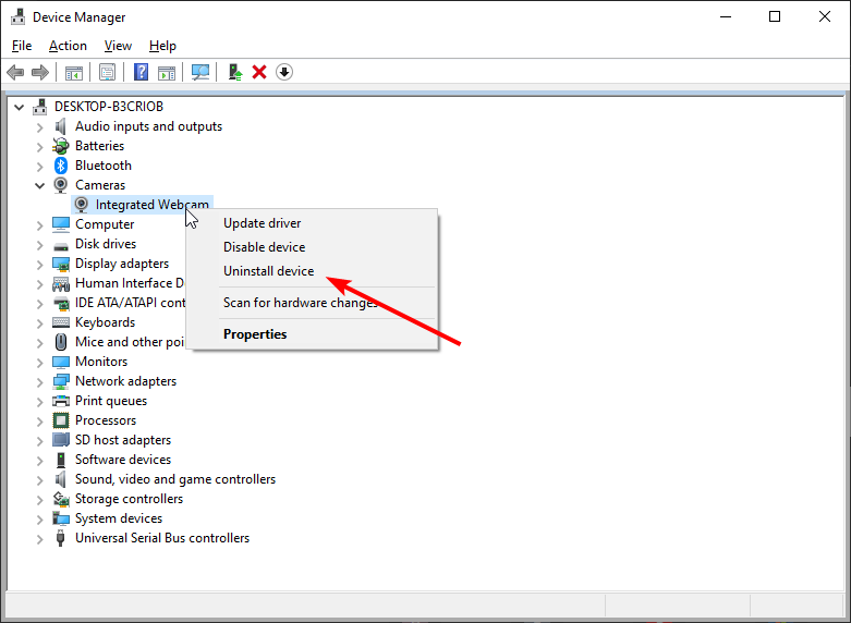 Uninstall webcam device
