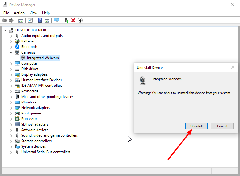 Confirm uninstall webcam driver