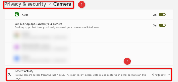 Camera indicator showing app using webcam