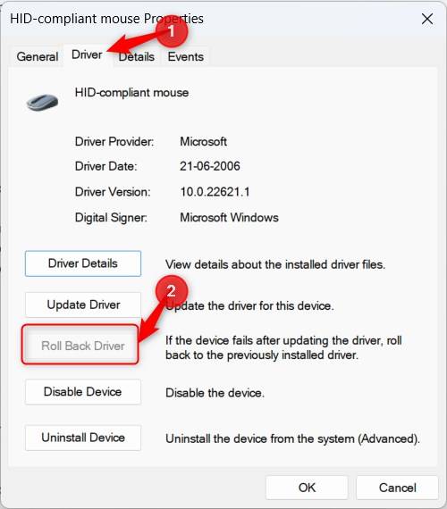 Windows 11 mouse Properties window highlighting Roll Back Driver option