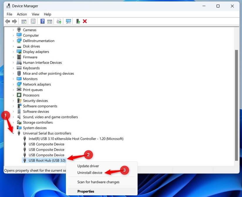 Windows 11 Device Manager window highlighting USB Root Hub right-click menu