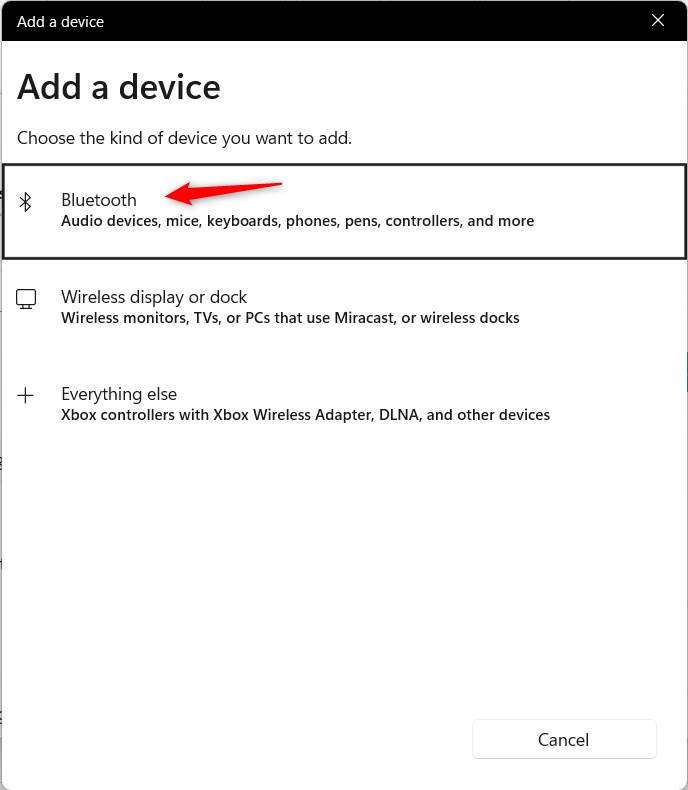 Windows 11 Add a device window highlighting Bluetooth option