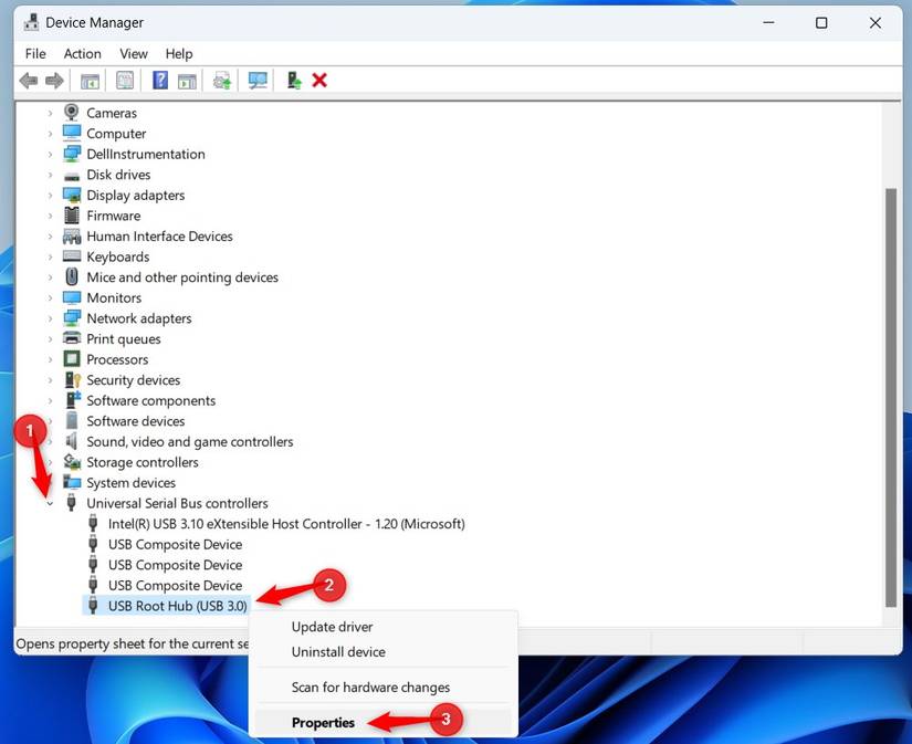 Windows 11 Device Manager highlighting USB controller right-click menu