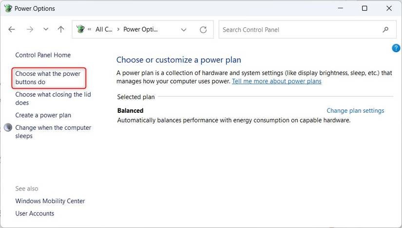 Windows 11 Power Options window