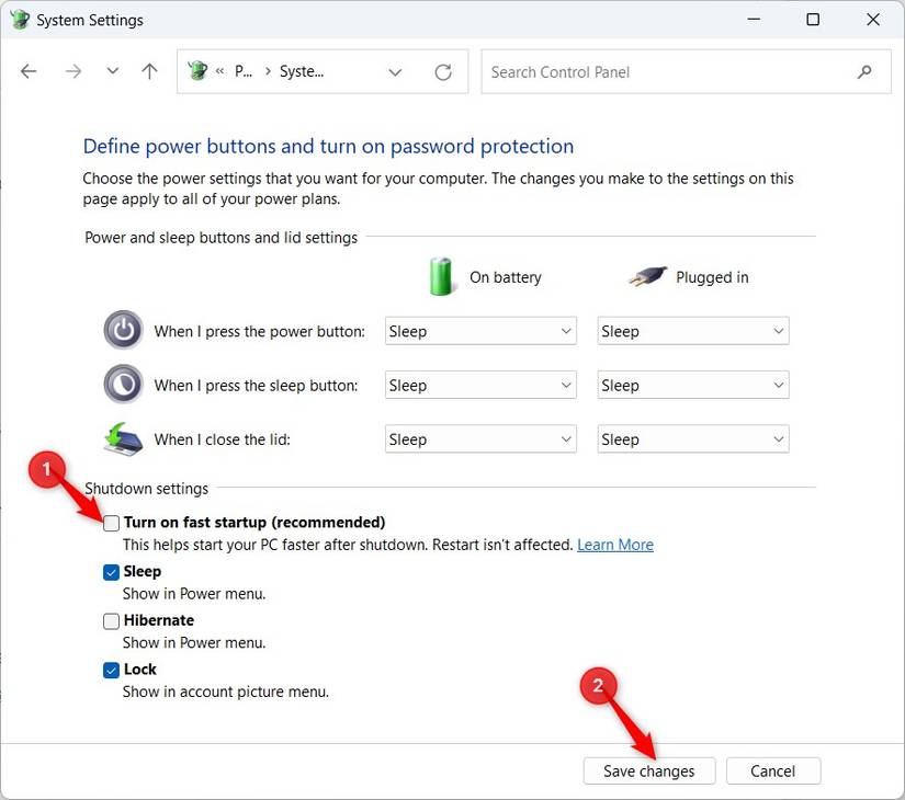 Windows 11 System Settings window highlighting Turn on fast startup option