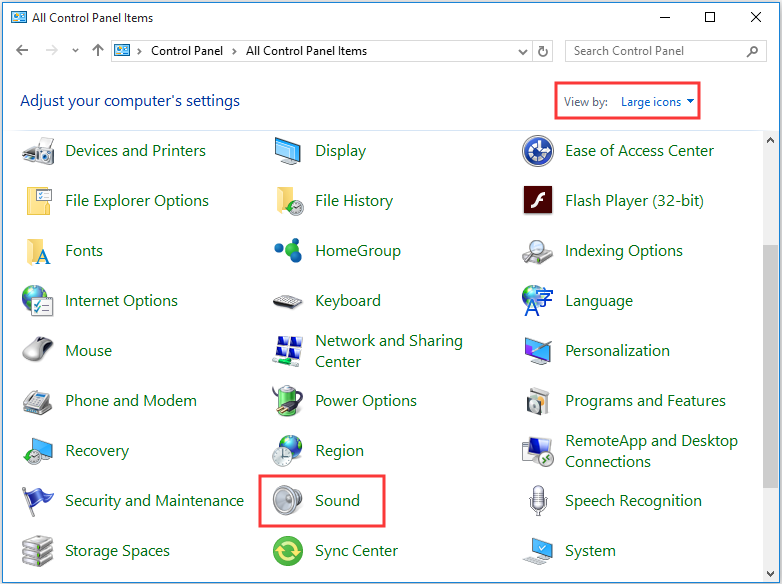 Set View by Large icons in Control Panel