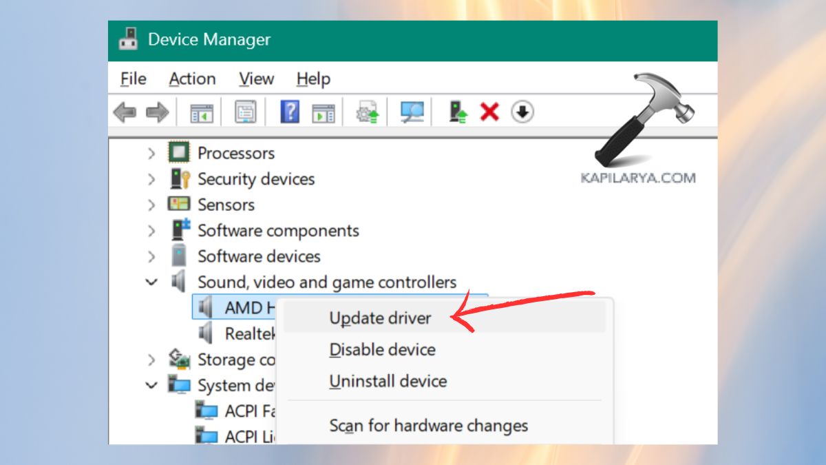 Update Driver Sound, video, and game controllers