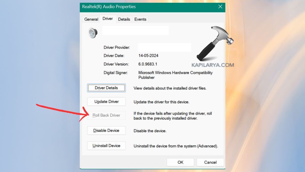 Audio Device Roll back Driver
