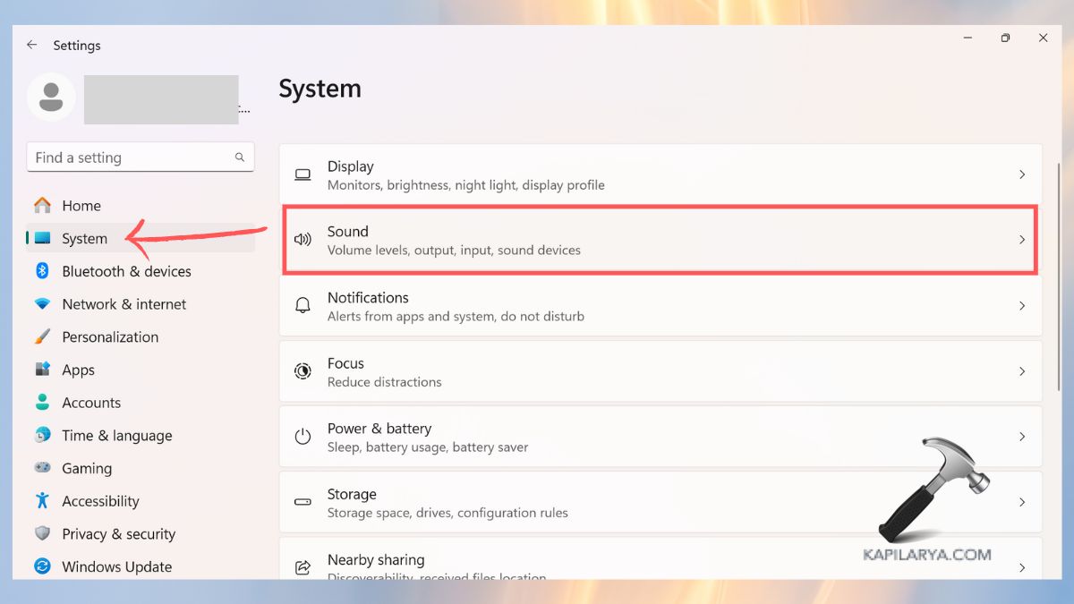 Select Sound in Windows 11 System Settings
