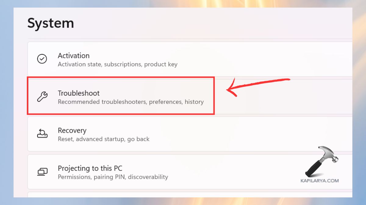 Troubleshoot option in Windows 11 System Settings