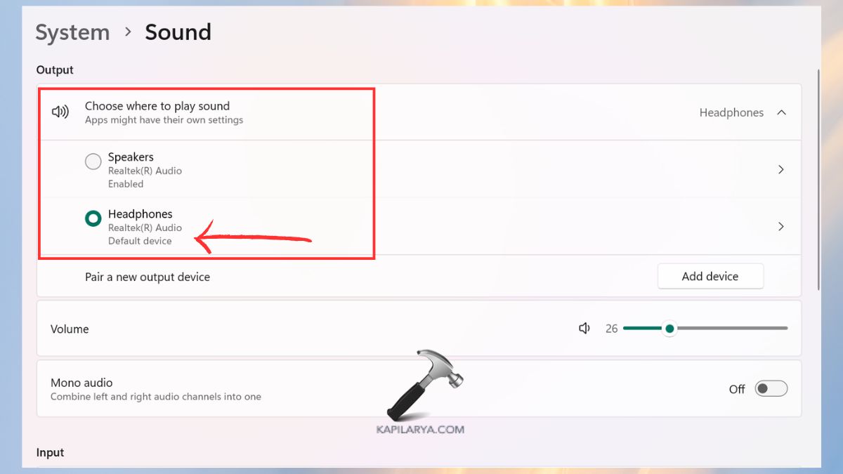 Choose default device in Output Sound as headphones