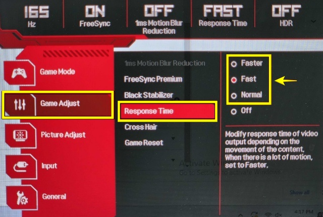 Changing response time settings on an LG Ultragear monitor