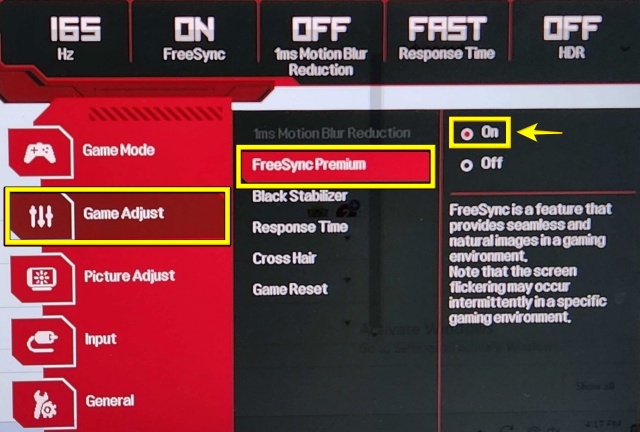 Turning on FreeSync on an LG Ultragear monitor