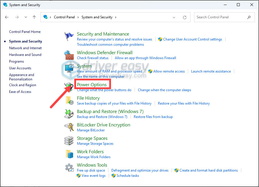 Power Options in Control Panel