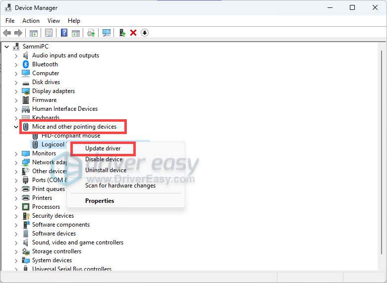 Update mouse driver from Device Manager