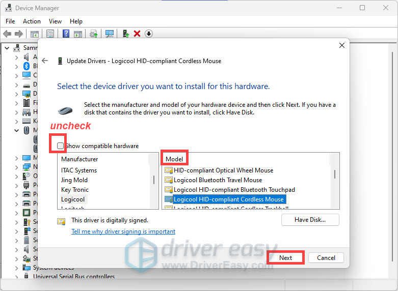 Select device driver from list
