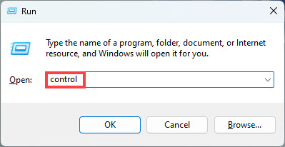 Run dialog opening Control Panel