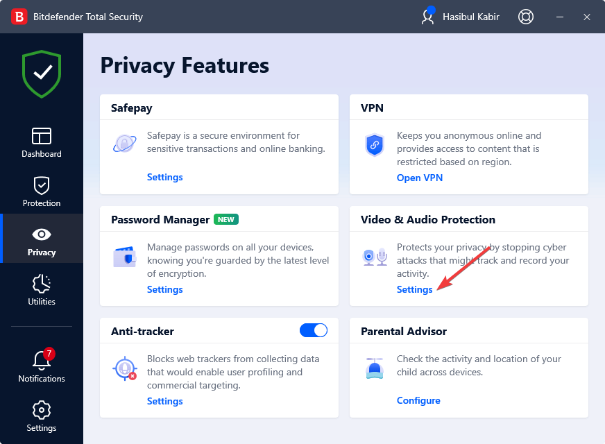clicking audio and video protection settings bitdefender